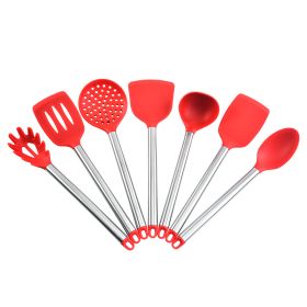 Stainless Steel Silicone 7-piece Kitchen Ware Set Kitchen Silicone Shovel Spoon Suit (Color: Red)