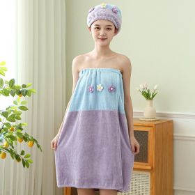 Hair-drying Cap Thick Coral Fleece Embroidery Flower Shower Cap Bath Towel Hair Band Strong Absorbent Bath Skirt Set (Option: Purple Bath Skirt-Flower Series)